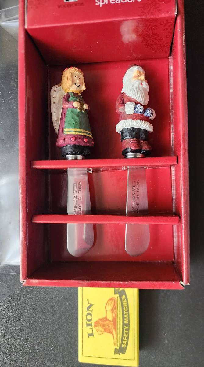 CHRISTMAS Figurines in box (WW) X 2 Butter Spreaders- Santa and Angel- SO CUTE & so chic!! stainless