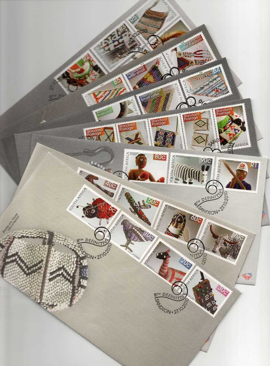South Africa 2010 Beadwork definitive set of 22 on 7 FDC'c 8.1 - 8.7. Cat R400 (2023-25)