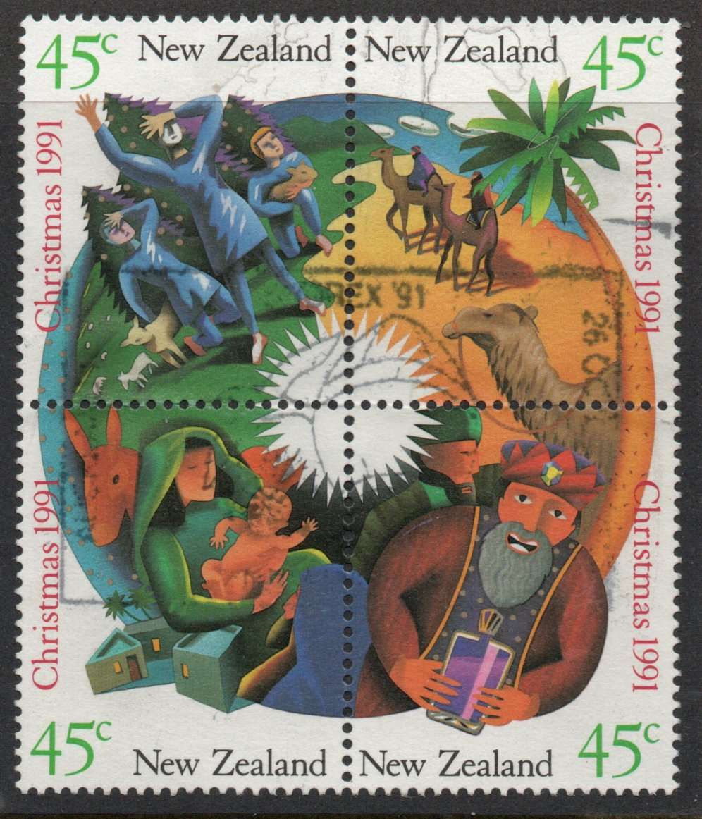 New Zealand 1991 Christmas 4 different 45c stamps in block of 4 vfu. SG 1628-1631. Cat £3,20 (2012)