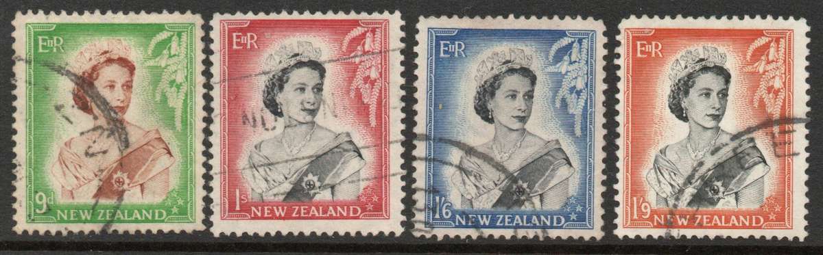 New Zealand 1953-59 QEII definitive 9d - 1/9d very fine used. SG 731-733b. Cat £2,80 (2012)