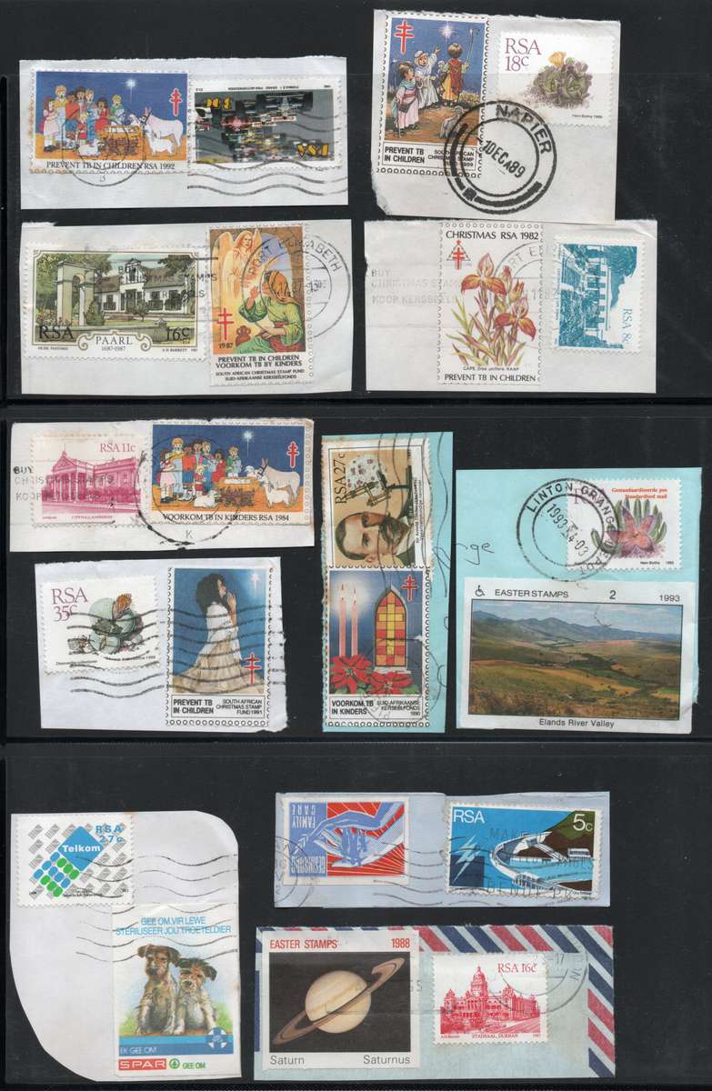 South Africa various labels postally used on piece. SPAR SPCA, Christmas Prevent TB, Easter Stamps.