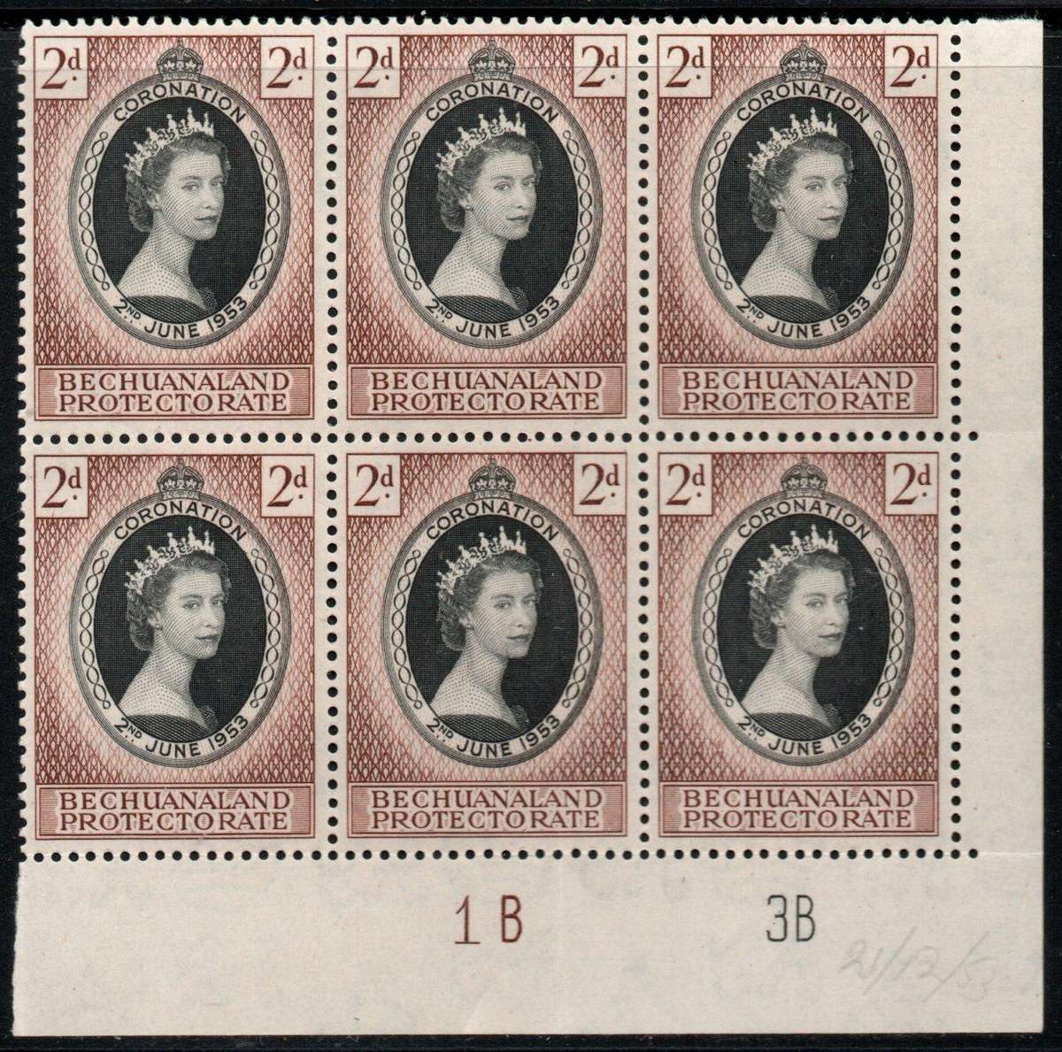 Bechuanaland 1953 QEII Coronation 2d extended control block of 6 unmounted mint. SG 142.