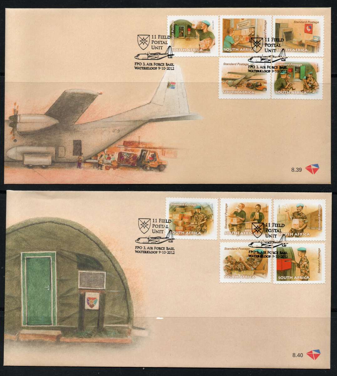 South Africa 2012 SA Field Postal Unit set of 10 on 2 FDC's. 8.39 & 8.40. SACC 2230. Cat R120