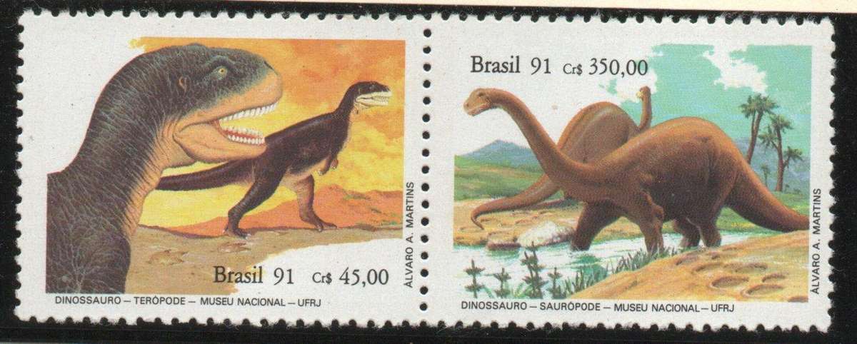 Brazil 1991 Anniversary National Museum - Dinosaurs 2 stamps umm. SG 2483-84. Cat £4,95 (2013)