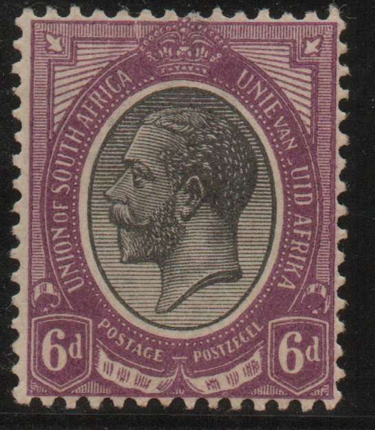 South Africa 1913 KGV 6d mounted mint with missing "Z" variety. SACC 10v. Cat R2500 (2023-25)