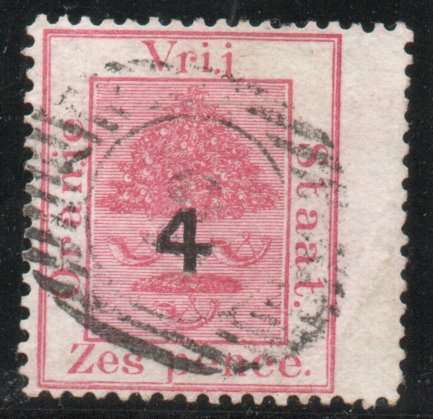 Orange Free State 1877 6d surcharged 4 in black Type c very fine used. SACC 8. Cat R800 (2025)