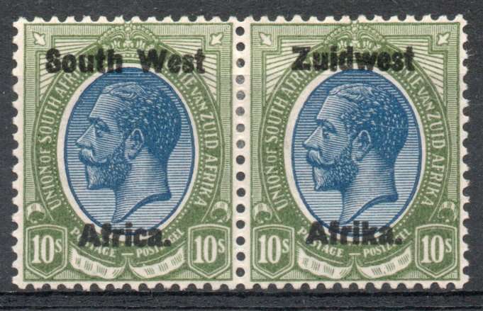 South West Africa 1923 KGV Type III ovpt 10/- pair lightly mounted mint. SACC 25. Cat R11000 (2025)