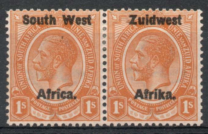 South West Africa 1923 KGV Type III ovpt 1/- pair lightly mounted mint. SACC 21. Cat R450 (2025)