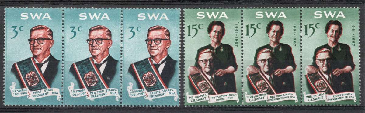 South West Africa 1968 Swart Commemoration set of 2 strips umm. SACC 234-235. Cat R130 (2025)
