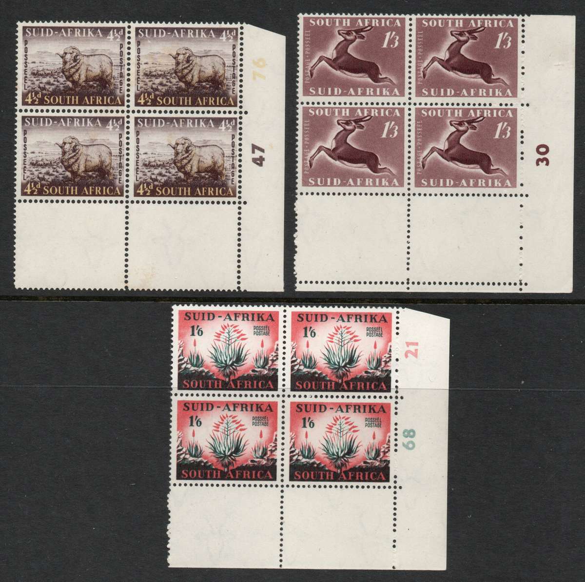 South Africa 1953 Defin issue set of 3 in control blocks of 4 mint. SACC 145-147. Cat R420 (2025)