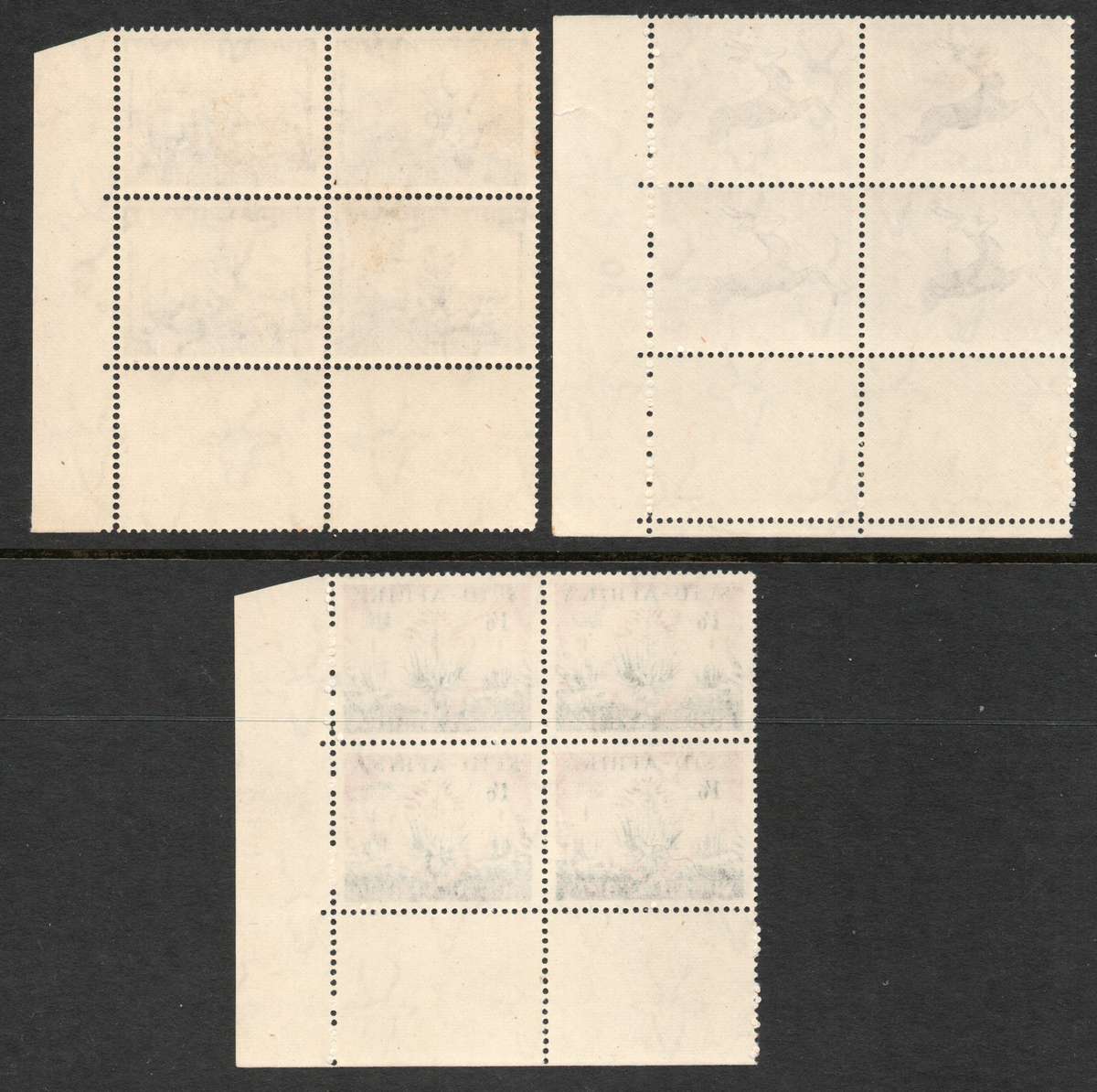 South Africa 1953 Defin issue set of 3 in control blocks of 4 mint. SACC 145-147. Cat R420 (2025)