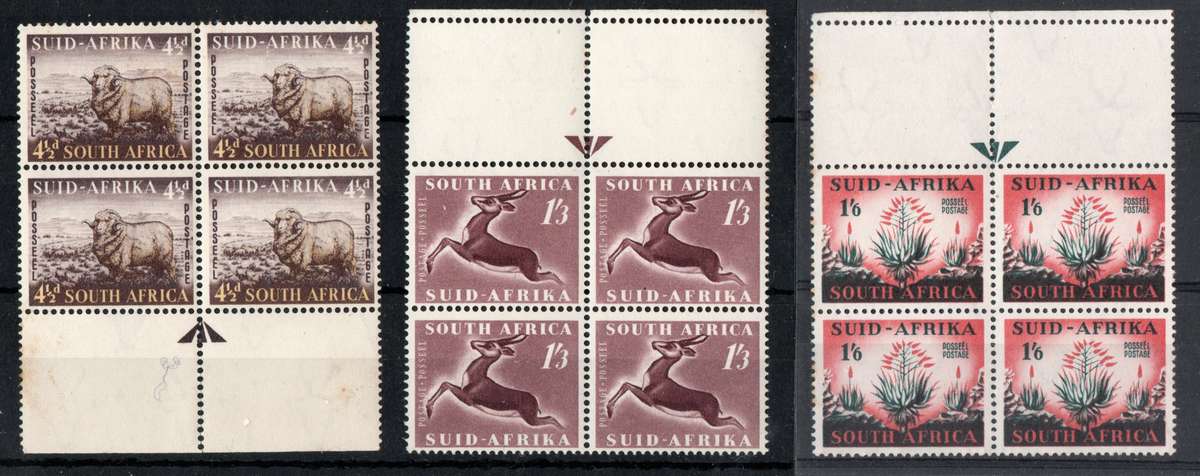 South Africa 1953 Defin issue set of 3 in arrow blocks of 4 unmtd mint. SACC 145-147 Cat R224 (2025)