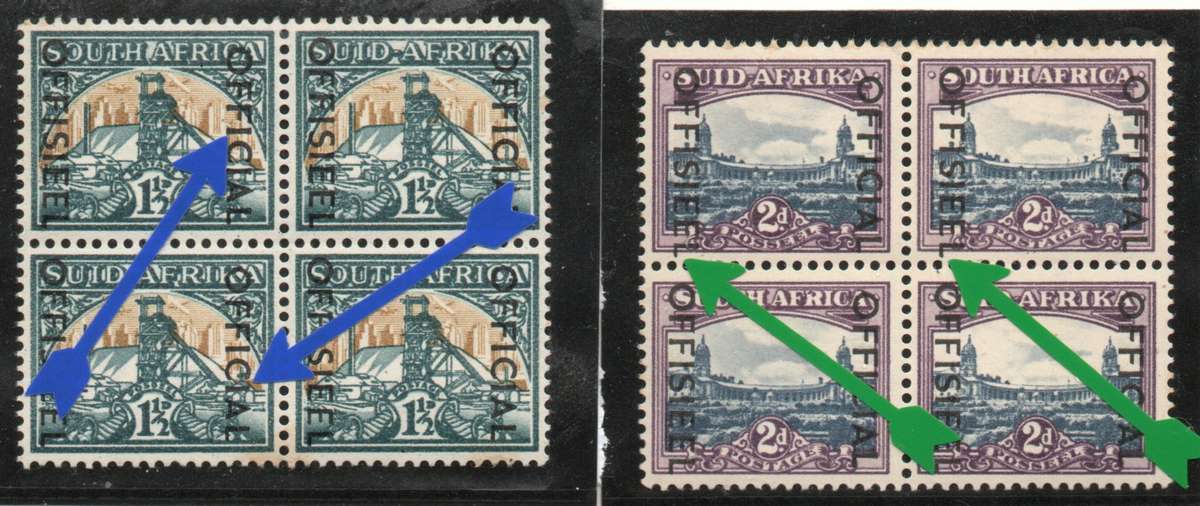South Africa 1950-54 Officials 1½d & 2d blocks of 4 unmounted mint. SACC 43 & 44. Cat R180. (2025)