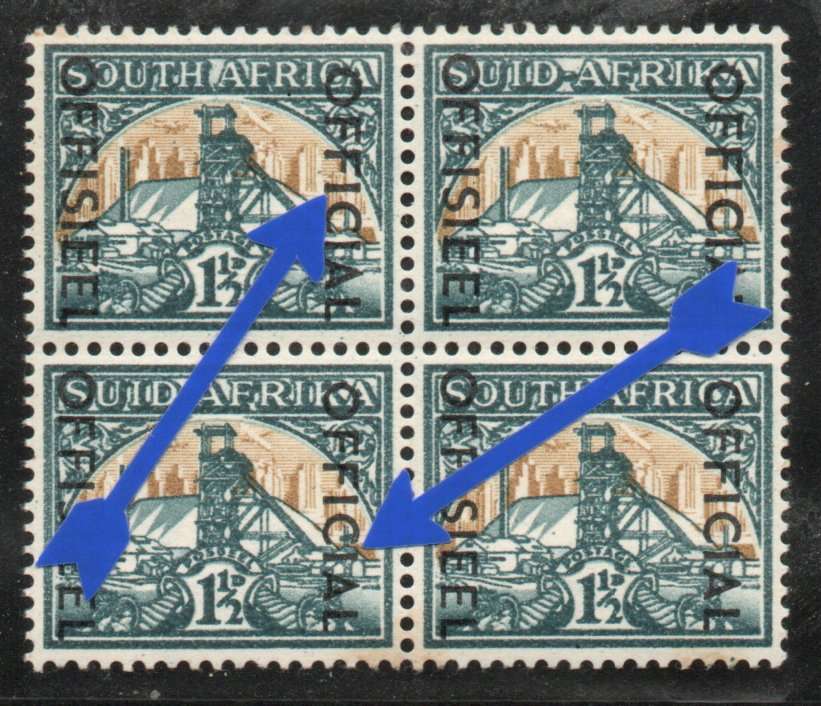South Africa 1950-54 Officials 1½d & 2d blocks of 4 unmounted mint. SACC 43 & 44. Cat R180. (2025)