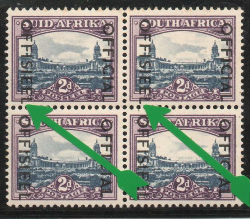 South Africa 1950-54 Officials 1½d & 2d blocks of 4 unmounted mint. SACC 43 & 44. Cat R180. (2025)