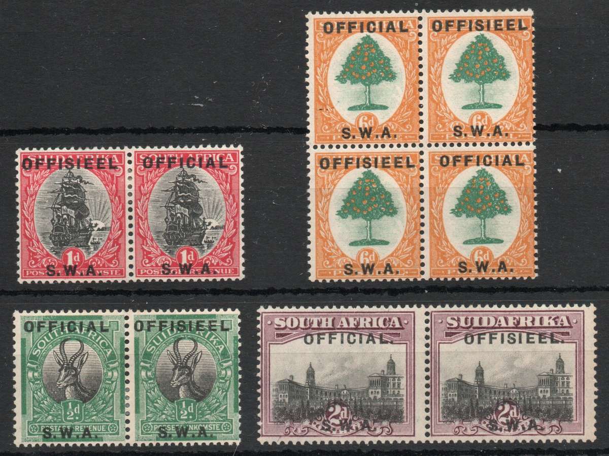 South West Africa 1929 Official set of 4 in pairs (½d-2d) & block 4 (6d). SACC 5-8. Cat R122 (2025)
