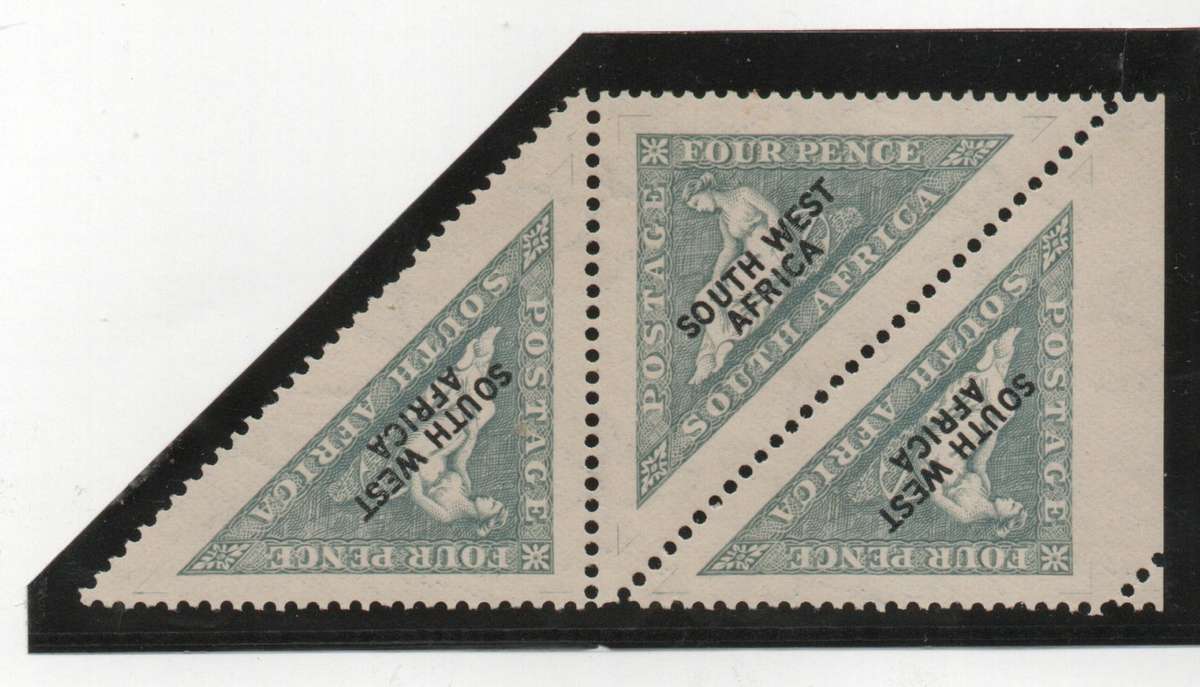 South West Africa 1926-27 Triangular stamp privately perf. unit of 3 umm. SACC 73. Cat R225 (2025)