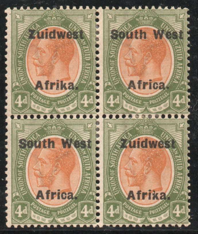 South West Africa 1924-26 KGV 4d block of 4 mounted mint. SACC 44. Cat R400 (2025)
