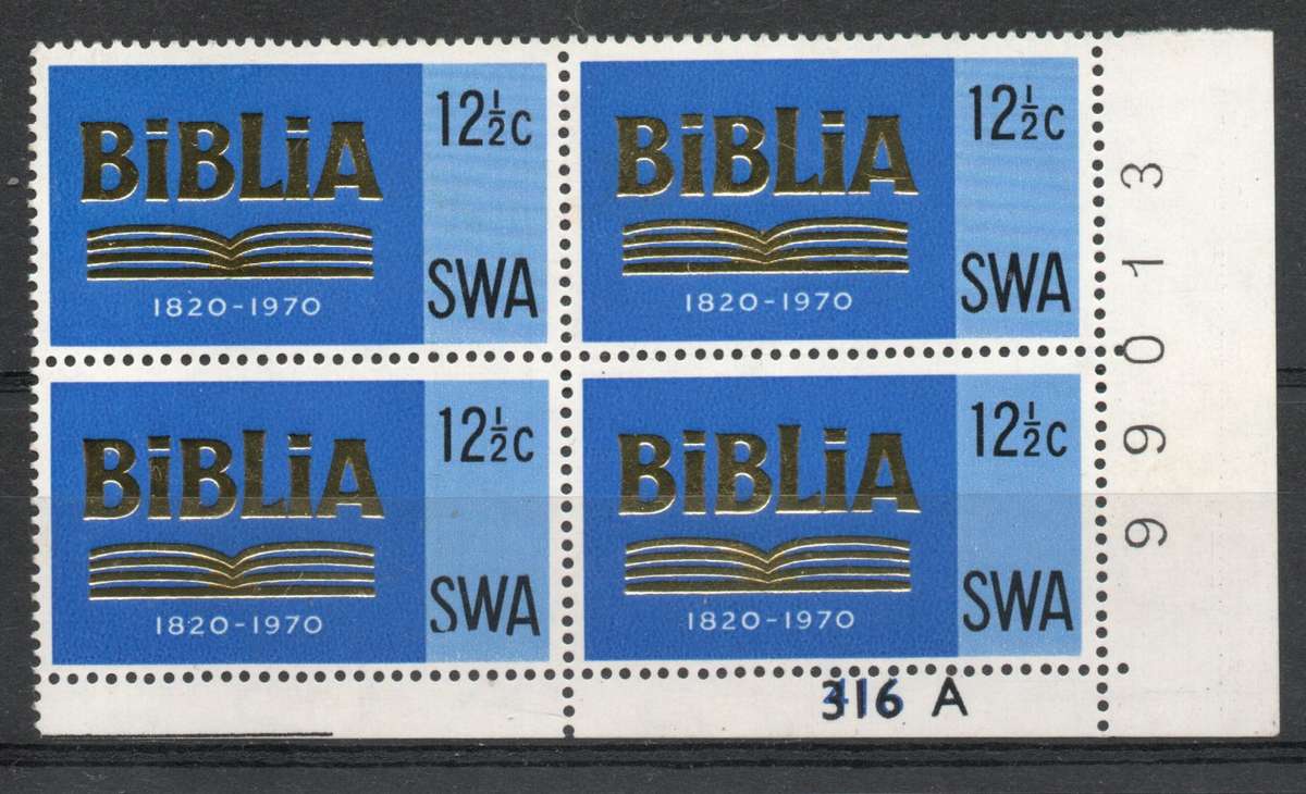South West Africa 1970 150th Anniv of SA Bible Soc 12½c cntr block mm shaved "SW" SACC 239a Cat R400