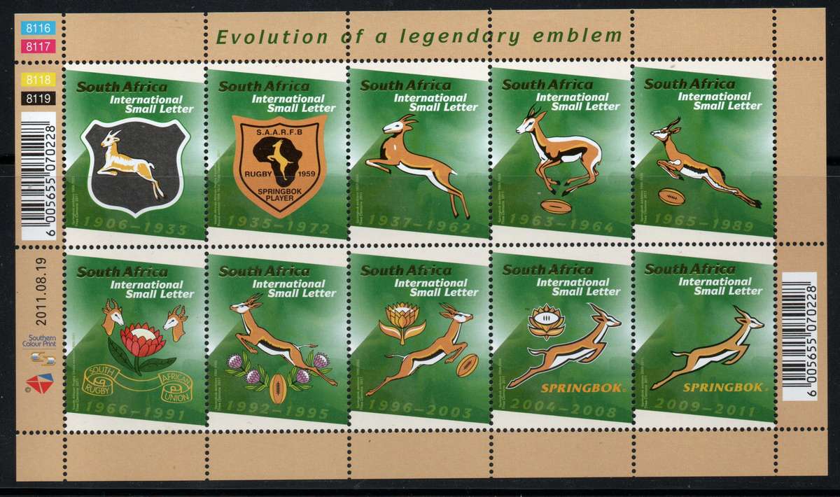 South Africa 2011 Evolution of Rugby Emblem sheet of 10 umm. SACC 2208. Cat R600 (2023-25)