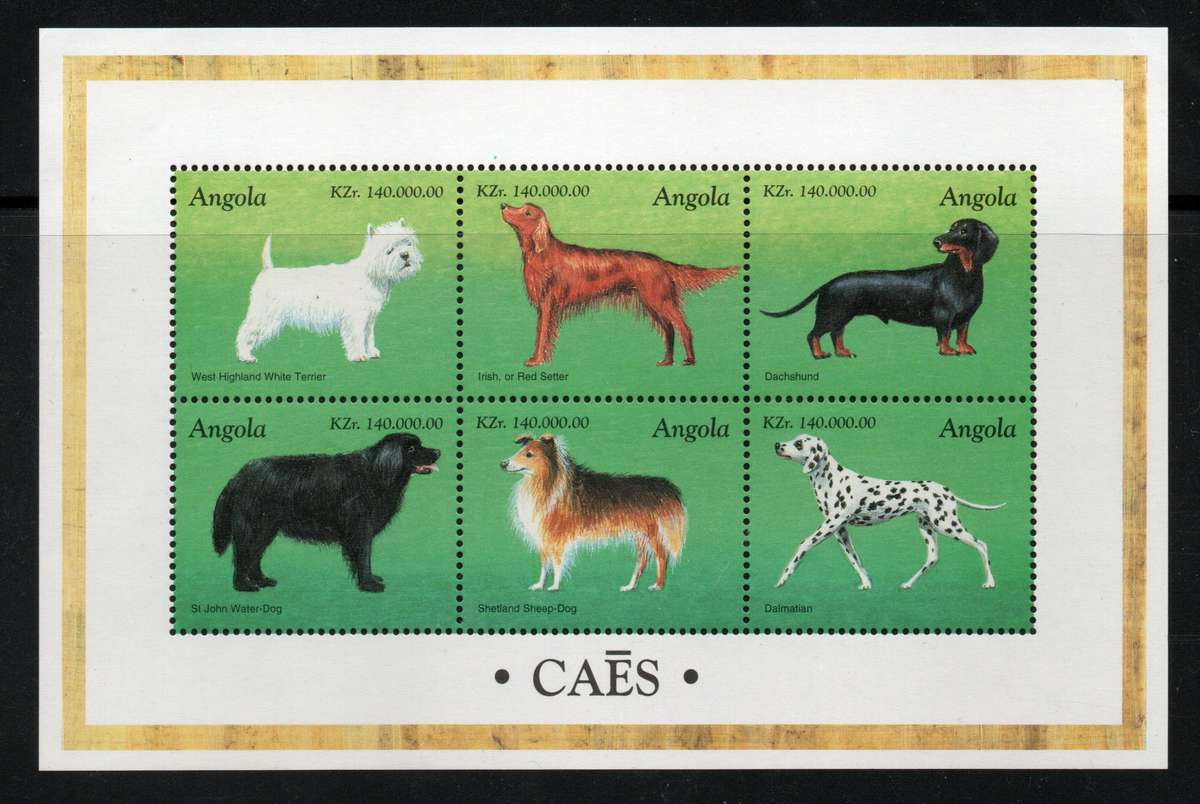 Angola 1998 Dogs mini sheet of 6 unmounted mint. Part SG 1296. Cat £6. (2013)