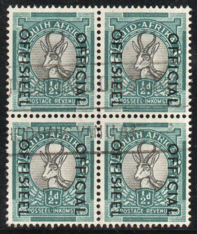 South Africa 1950-54 Officials ½d block of 4 very fine used. SACC 41. Cat R50 (2025)