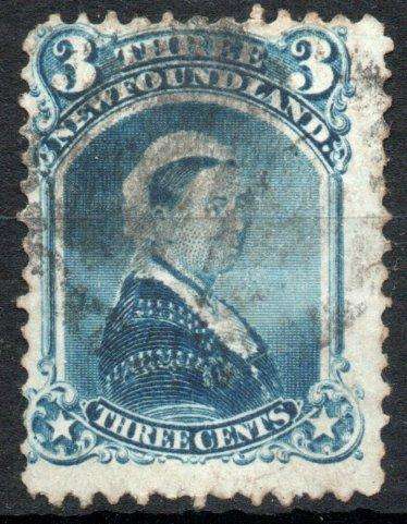 Newfoundland 1873 3c blue fine used. SG 37. Cat £27 (2022)