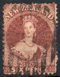 New Zealand 1864-71 6d brown watermark large star perf 12½ fine used. SG 122a. Cat £42 (2022)