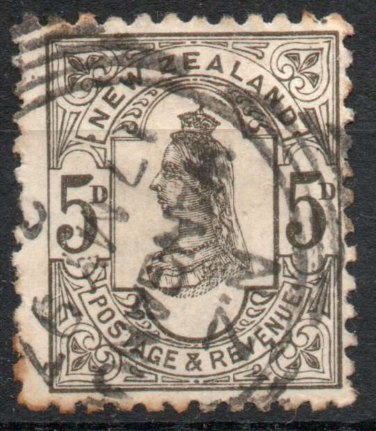 New Zealand 1882-1900 5d olive-black perf 12 x 11½ fine used. SG 200. Cat £18 (2022)