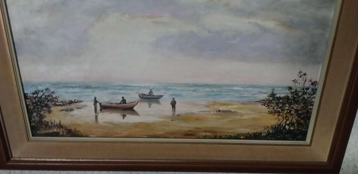 Oil on board Fisherman along the South Coast