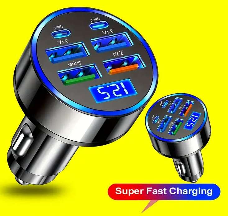 6-in-1 Fast Charging Car Charger with LED Display