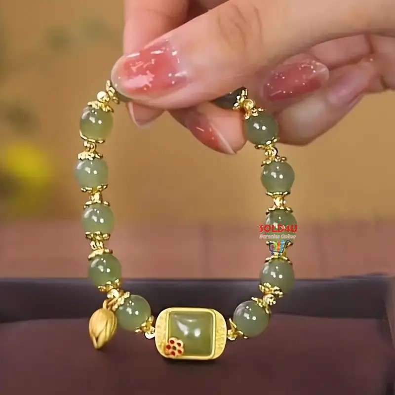 Lotus Beaded Glass Bracelet For Girls - Charming Green Beaded Bracelet with For Lotus Pod Charm