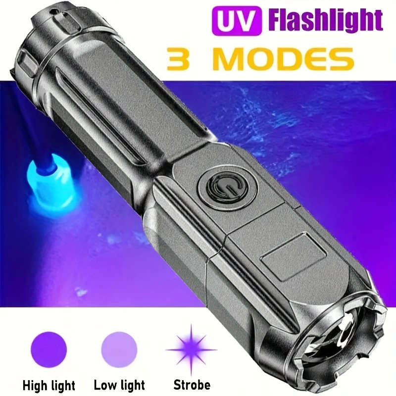 UV Flashlight UV395NM Rechargeable Portable Ultraviolet Torch 3 Modes Zoomable