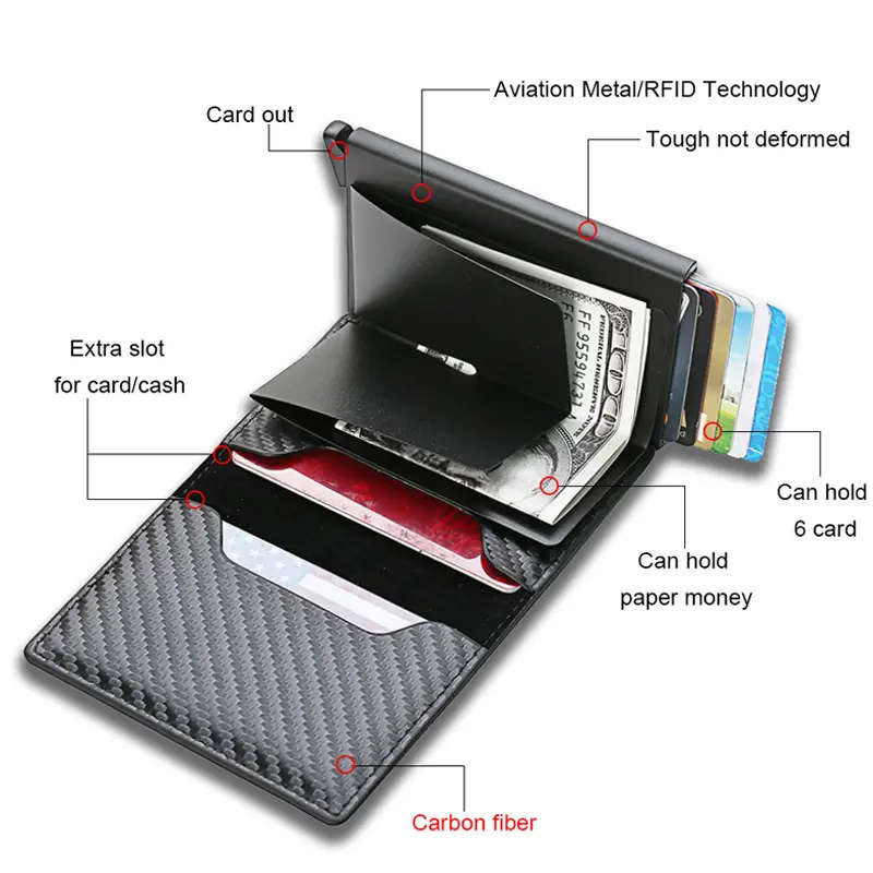 RFID Blocking Metal Case Card Holder Carbon Fibre Pattern Faux Leather Wallet