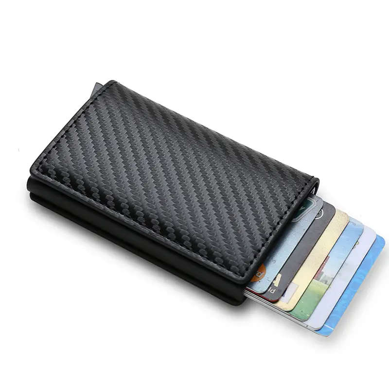 RFID Blocking Metal Case Card Holder Carbon Fibre Pattern Faux Leather Wallet