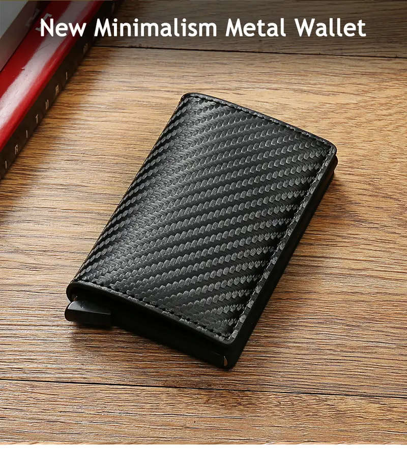 RFID Blocking Metal Case Card Holder Carbon Fibre Pattern Faux Leather Wallet