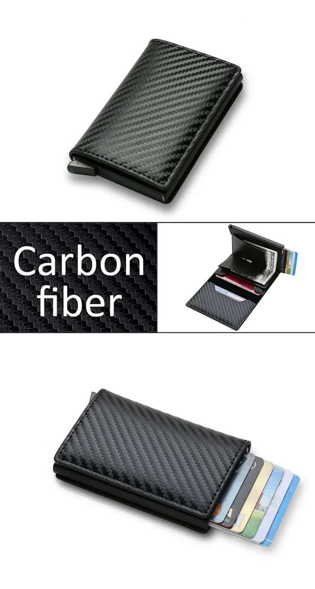 RFID Blocking Metal Case Card Holder Carbon Fibre Pattern Faux Leather Wallet