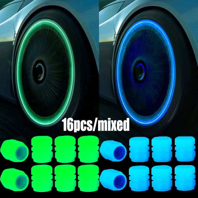 16pcs Car Tyre Valve Caps Stem Caps Fluorescence Luminous Air Caps Cover (GREEN+BLUE) Glow in Dark