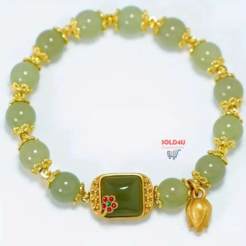 Lotus Beaded Glass Bracelet For Girls - Charming Green Beaded Bracelet with For Lotus Pod Charm