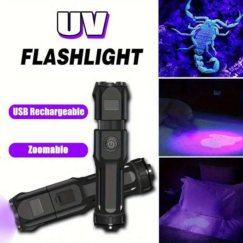 UV Flashlight UV395NM Rechargeable Portable Ultraviolet Torch 3 Modes Zoomable