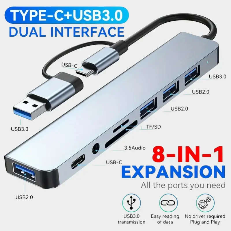 8 in 2 USB-C Adapter Hub Docking Station High Speed USB 3.0/2.0 8 Port USB HUB Card Reader SD TF
