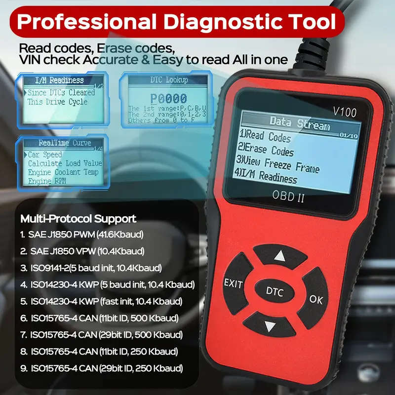 Professional Engine Fault Code Diagnostic Scan Tool for OBD II Protocol Cars | V100 OBD2 Scanner