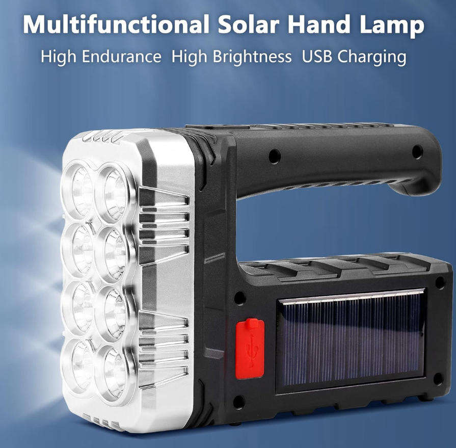 Ultra Bright 8 LED Flashlight Searchlight with USB and Solar Dual Charging TorchLight
