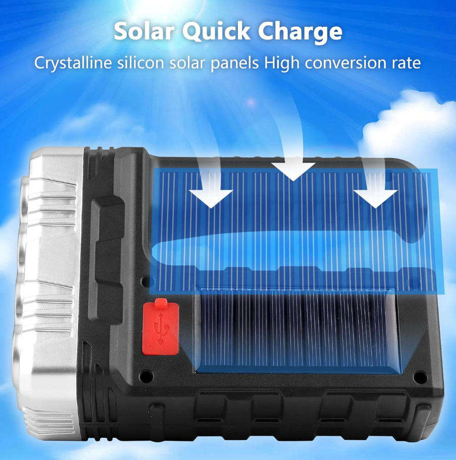 Ultra Bright 8 LED Flashlight Searchlight with USB and Solar Dual Charging TorchLight