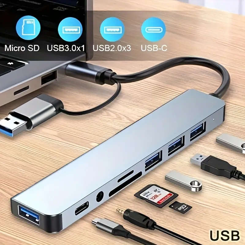 8 in 2 USB-C Adapter Hub Docking Station High Speed USB 3.0/2.0 8 Port USB HUB Card Reader SD TF