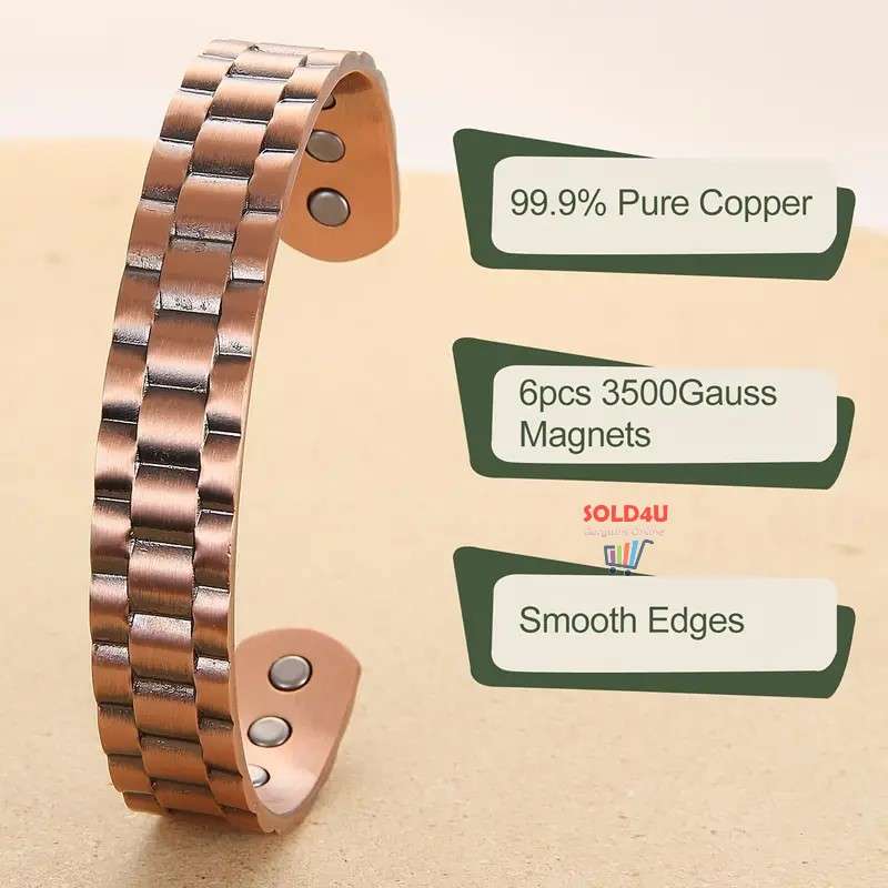 Copper Magnetic Bracelet For Men, Cuff Bangle With Effective 6Pc Neodymium Magnets, Geometric Grid