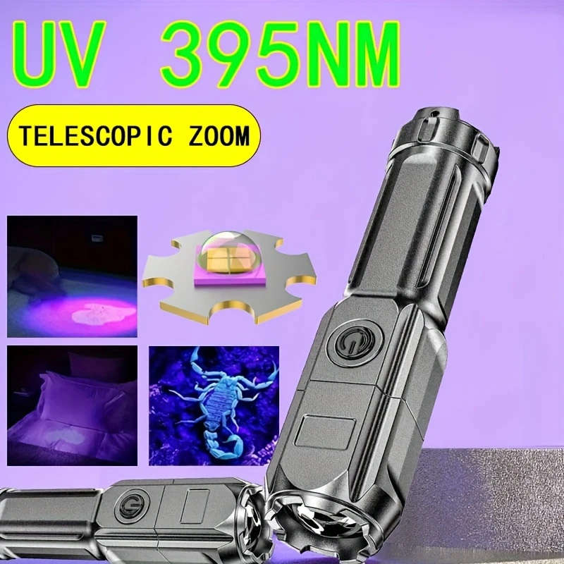 UV Flashlight UV395NM Rechargeable Portable Ultraviolet Torch 3 Modes Zoomable