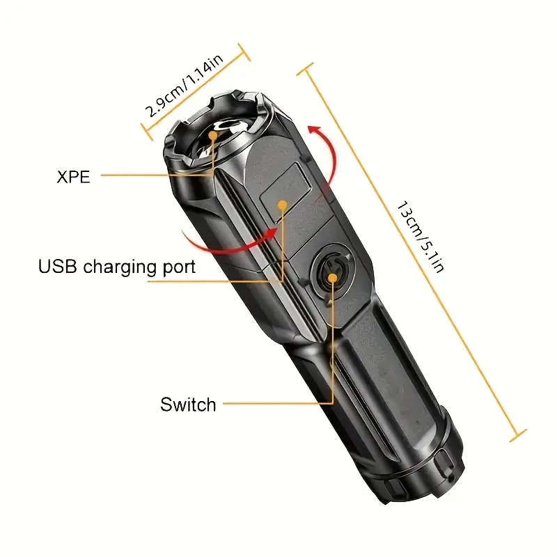 Ultra-Bright LED Flashlight Torch Rechargeable Zoomable with 3 Modes