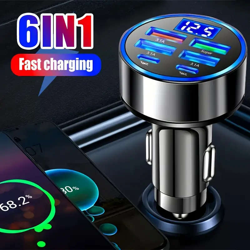 6-in-1 Fast Charging USB Car Charger with LED Display