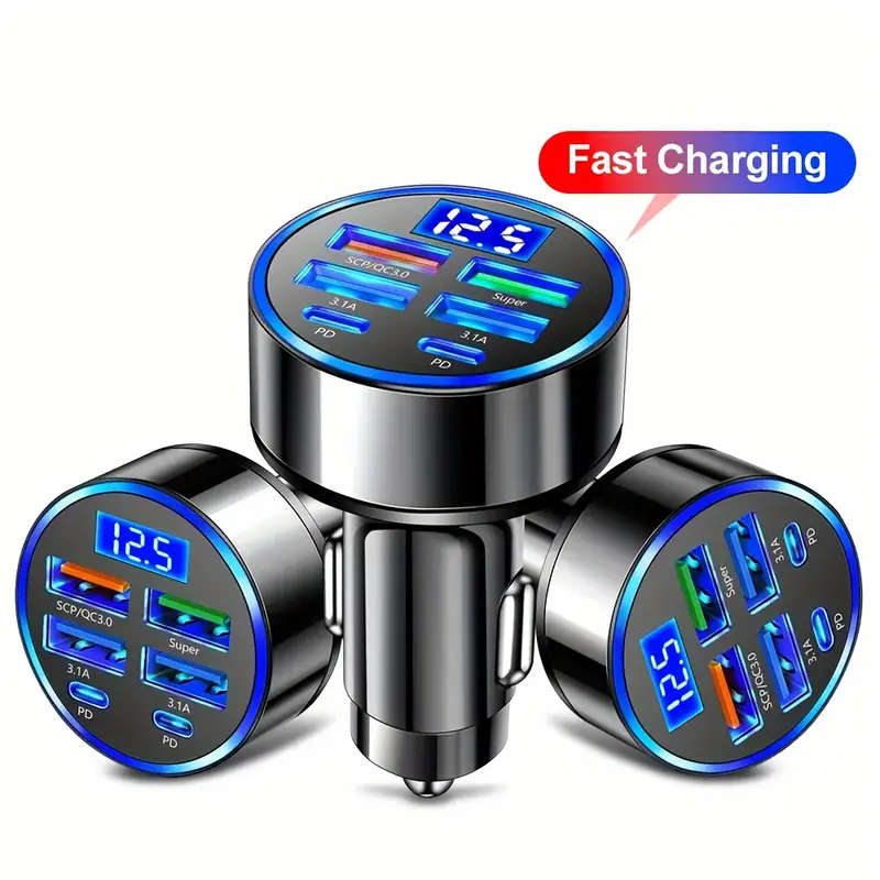 6-in-1 Fast Charging Car Charger with LED Display